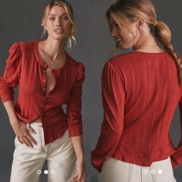 NWT PILCRO Anthropologie Puff Sleeve Button Front Ribbed Top Size Small Red - Picture 1 of 6